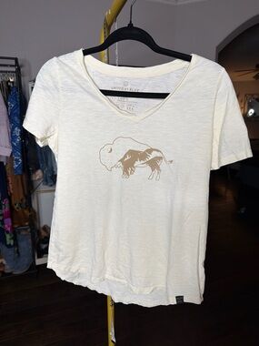 United By Blue Women's Cream V-Neck Buffalo Graphic Tee 100% organic cotton